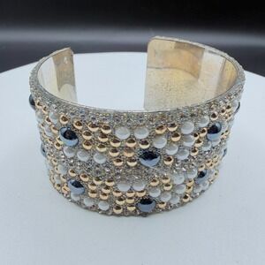Wide Beaded Rhinestone Pearl Cuff Bracelet Silver & Gold Tone Statement Glam Y2K